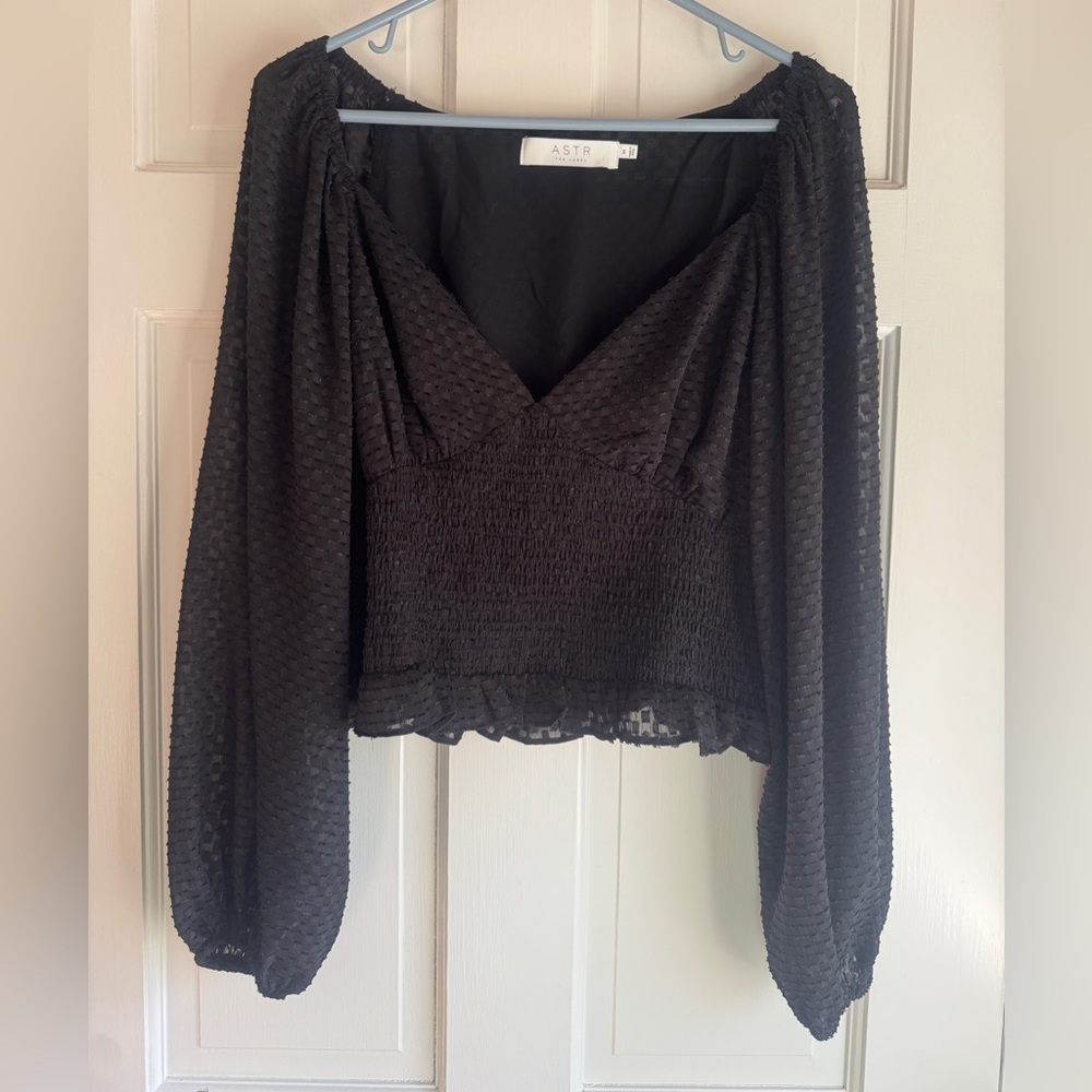ASTR The Label Black Smocked Crop Top Sheer Long Sleeve Size M
